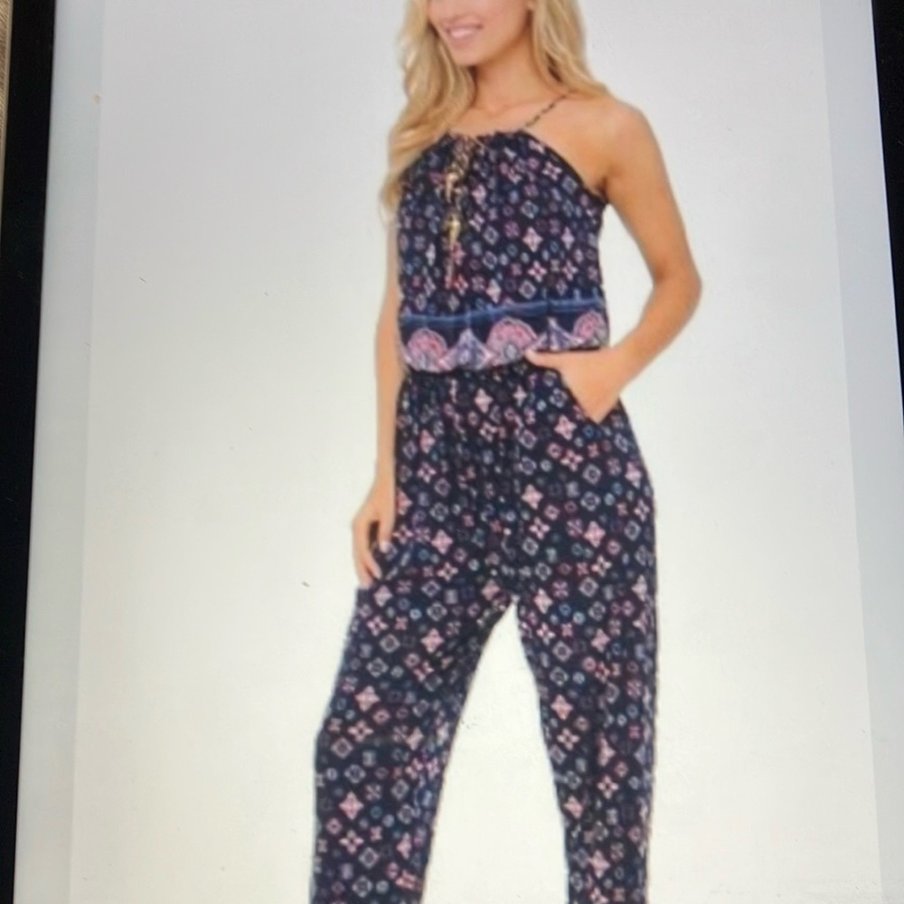 Sleeveless halter neck Boho long romper Navy jumpsuit